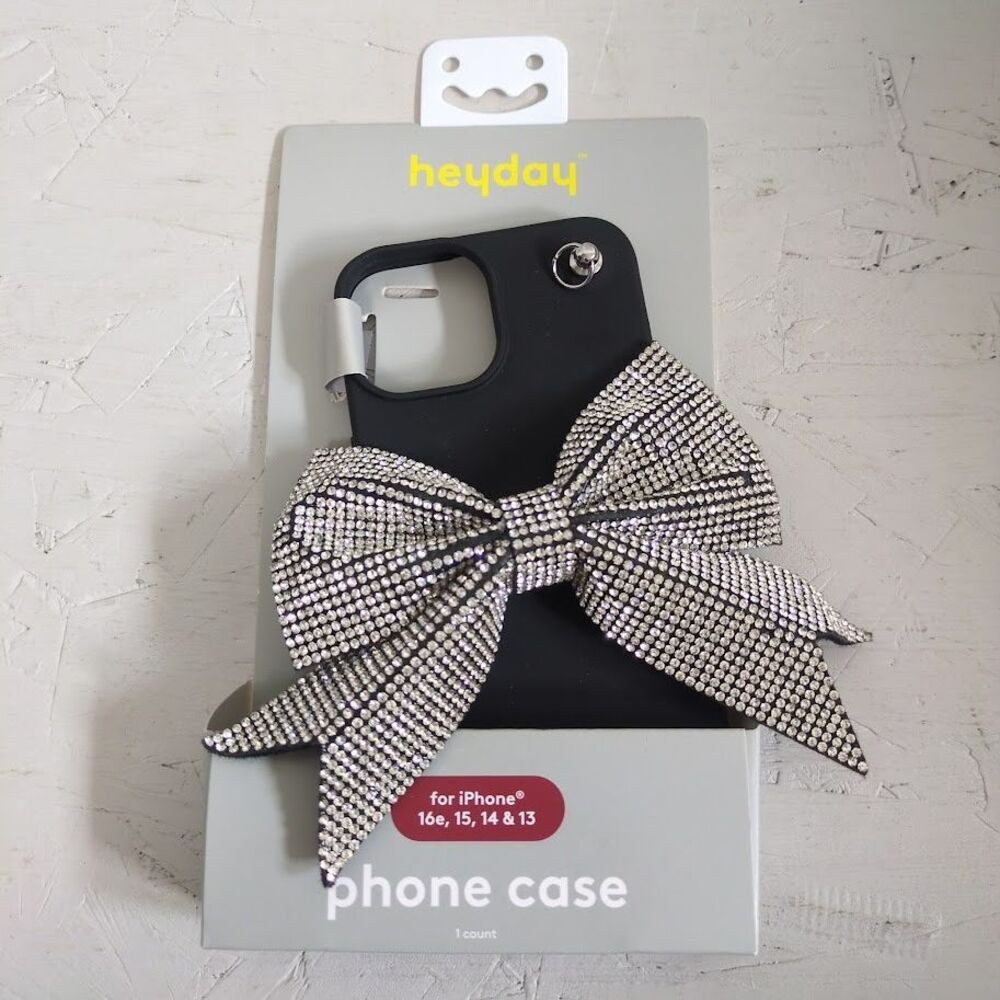 New Heyday iPhone  13,14, 15, 16e Black With Bedazzled Bow Phone Case